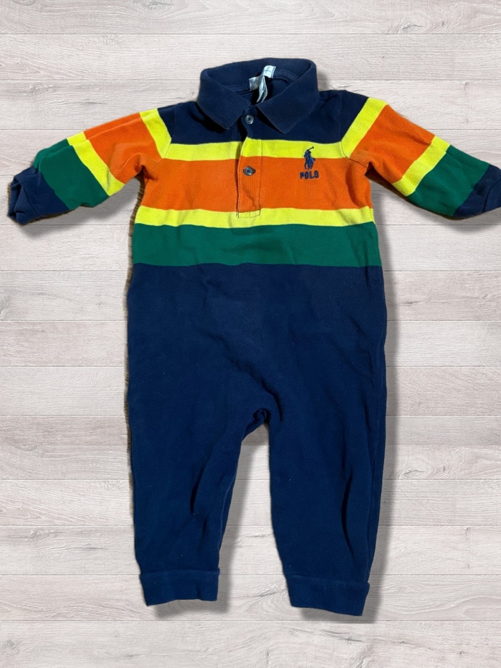 Ralph Lauren Polo Navy Striped Piqué Cotton Coverall One-Piece 9M Logo Preppy